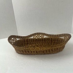 Fine woven vintage hand-made pine needle oval lace basket-Folk Art